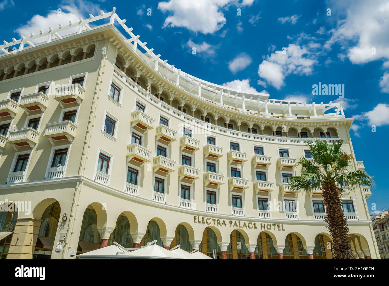 Thessaloniki, Greece August 02 2020 Electra Palace Hotel renovated facade. Day view of