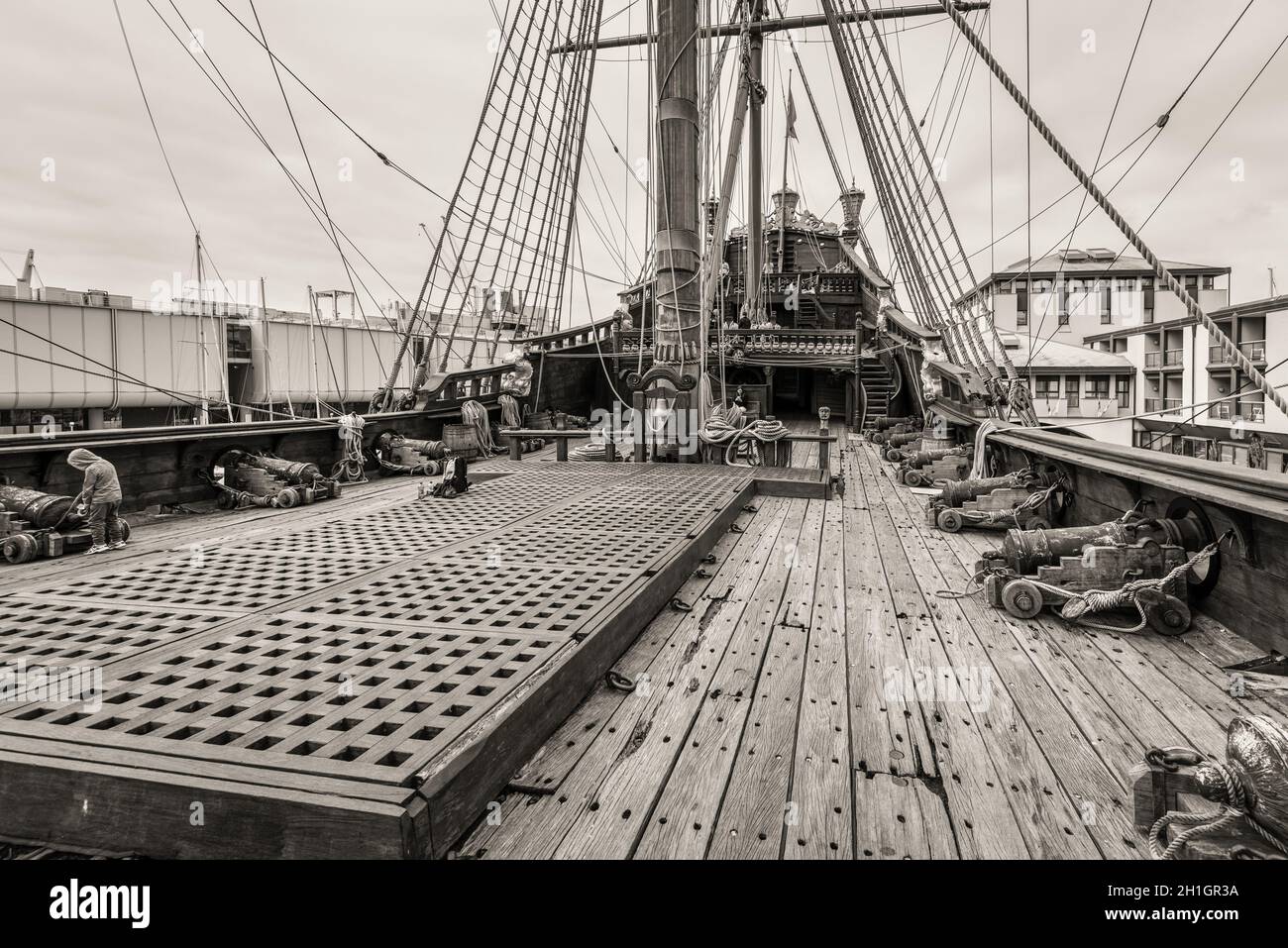 Genoa, Italy May 14, 2017 The upper deck of the sailing wooden ship