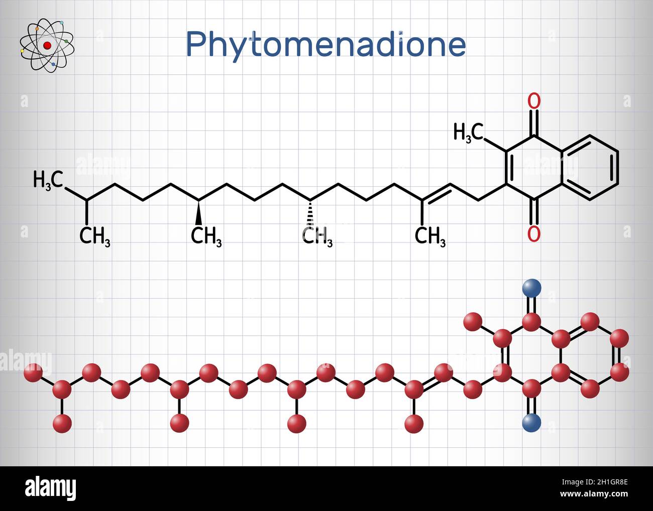 Phytomenadione, vitamin K1, phylloquinone molecule. It is essential fat soluble vitamin, is