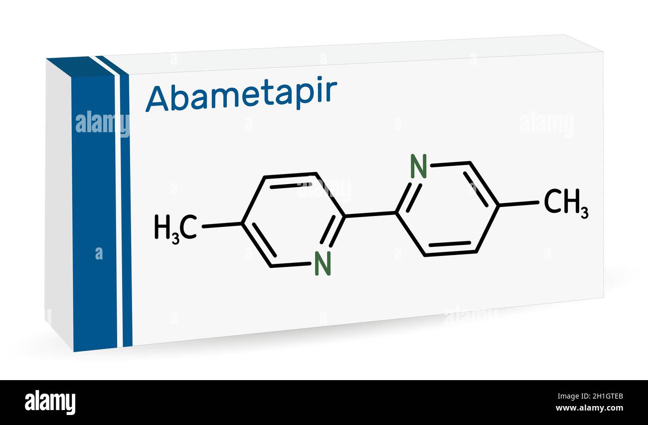 Abametapir molecule. It is used to treat infestations of head lice, pediculus capitis. Skeletal chemical formula. Paper packaging for drugs. Vector il Stock Vector