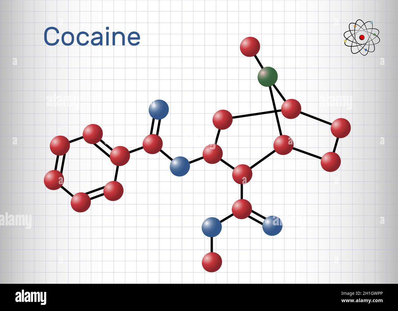 Cocaine, coke, coca molecule. It is tropane alkaloid with central nervous systems CNS stimulating, local anesthetic, vasoconstrictor. Sheet of paper i Stock Vector