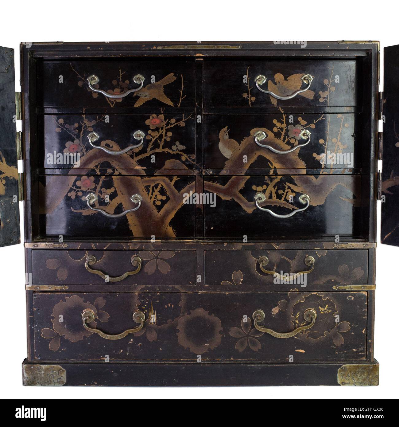 Antique Japanese Black Lacquer Table Cabinet With Gilt Decoration. Meiji Period Stock Photo