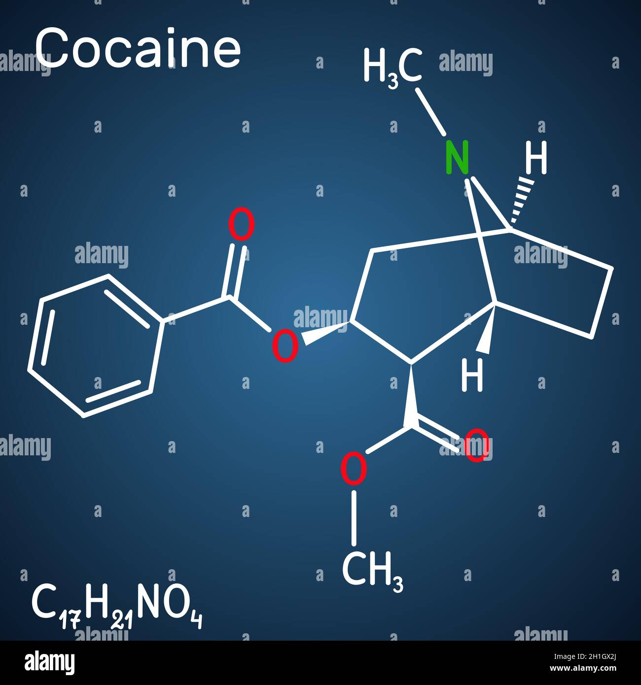 Cocaine, coke, coca molecule. It is tropane alkaloid with central nervous systems CNS stimulating, local anesthetic, vasoconstrictor. Structural chemi Stock Vector