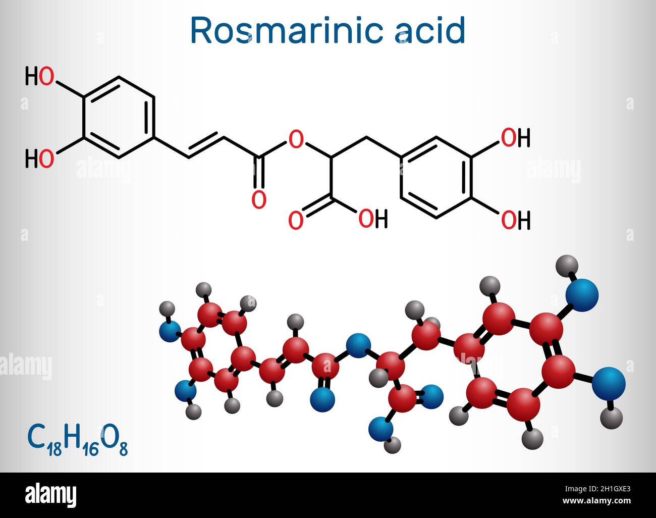 Rosmarinic acid, molecule. It is polyphenol, phenylpropanoid, monocarboxylic acid, non-steroidal anti-inflammatory drug, antioxidant, serine proteinas Stock Vector