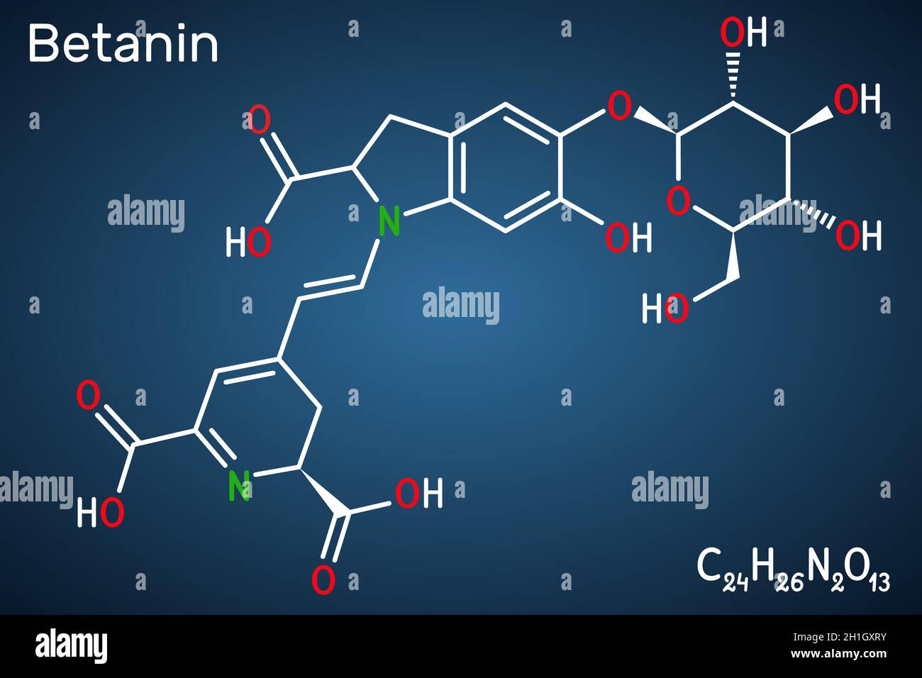 Betanin, molecule. It is betalain plant pigment, red glycosidic food dye, E162. Structural