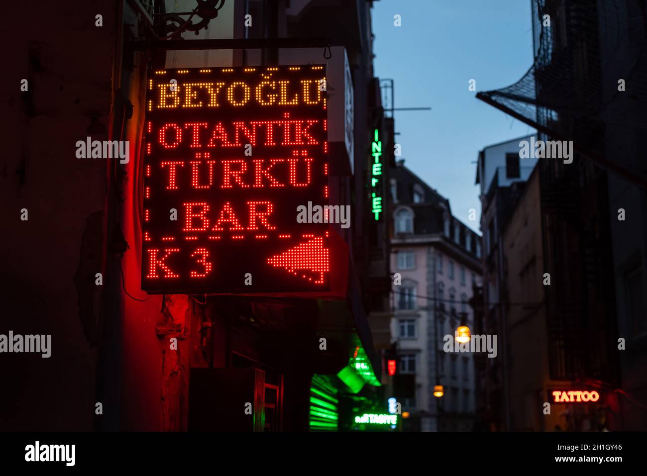 Istanbul, Turkey.  October 18th 2021 Illuminated sign for a traditional Turku Bar in the entertainment district of Taksim Square, the centre of nightl Stock Photo