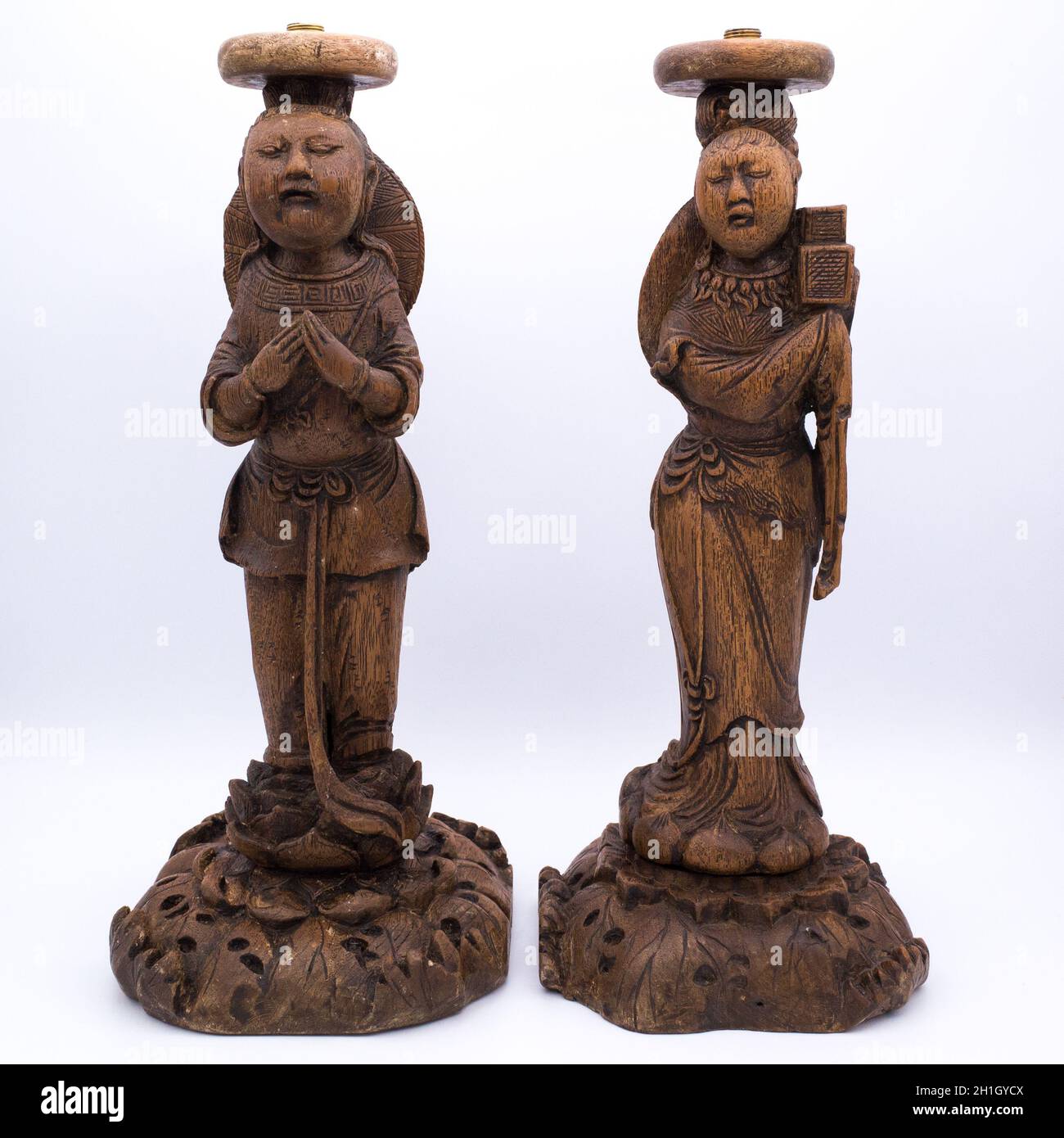 Pair of Antique Chinese Carved Oak Wood Figural Lamp Bases Stock Photo