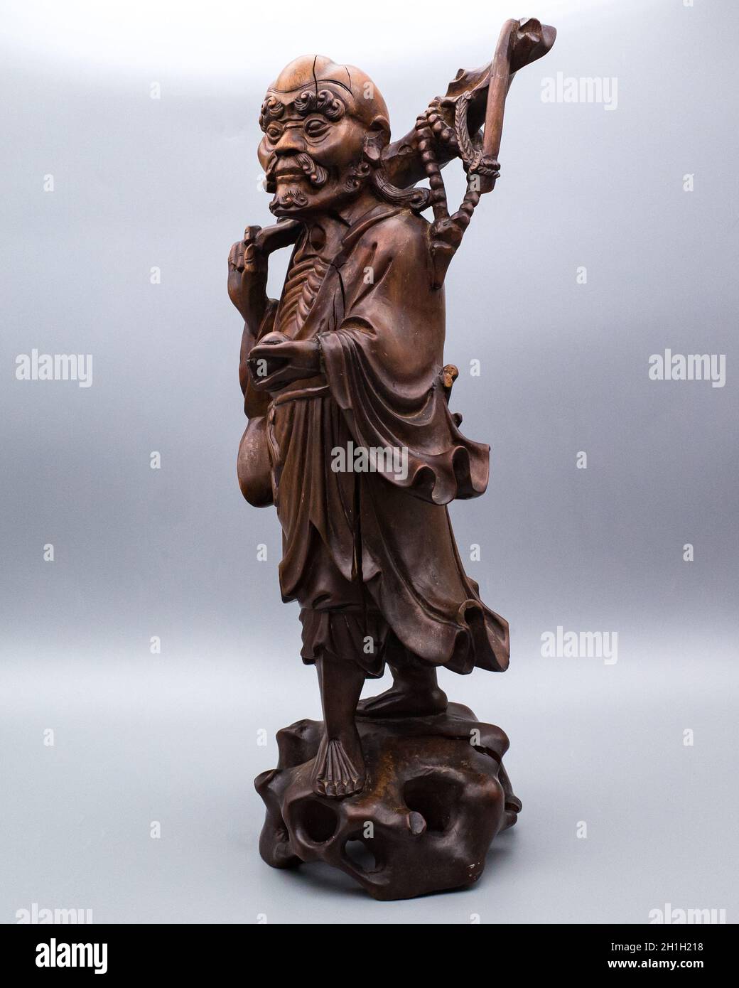 Large Antique Chinese Carved Hardwood Figure of Standing Immortal or Luohan Stock Photo