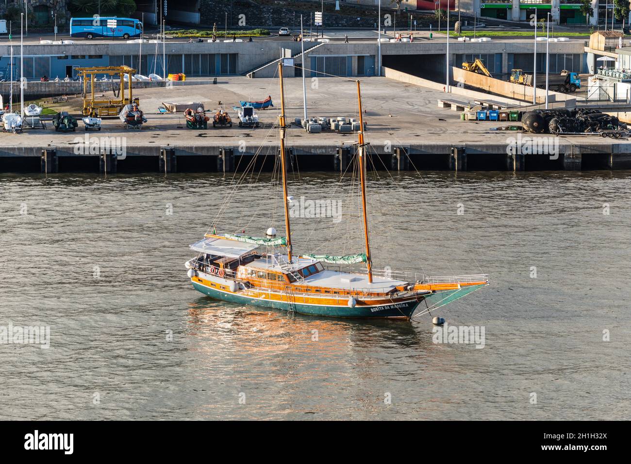 Funchal, Portugal - December 10, 2016: Bonita da Madeira motor driven sailing boat for dolphin and whale trip anchored in the bay of Funchal, Madeira Stock Photo