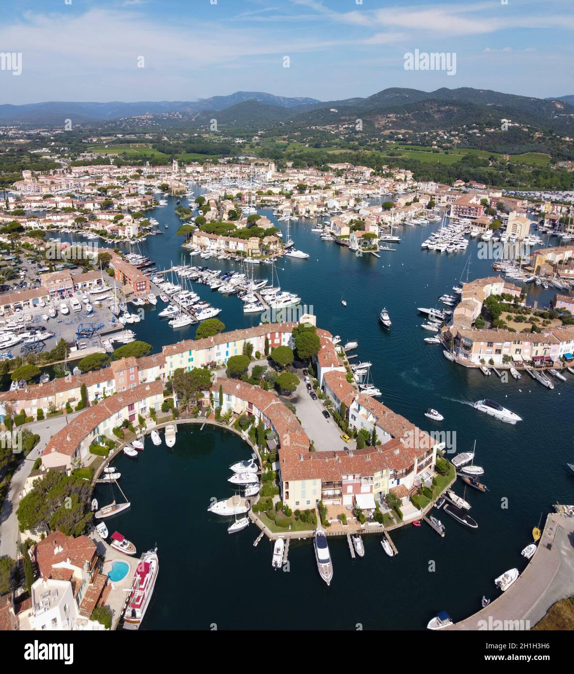 Aerial view on small houses and sailboats of Port Grimaud and Port Cogolin,  Var, Provence, France, summer holidays on French Riviera Stock Photo - Alamy