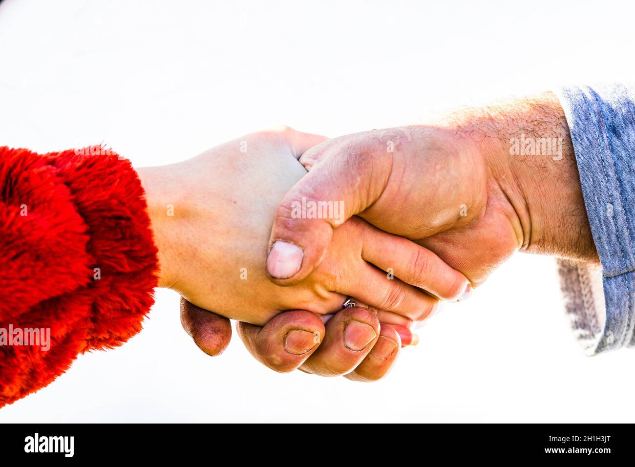 Two people touching and shaking hands. Hard worked hand, business