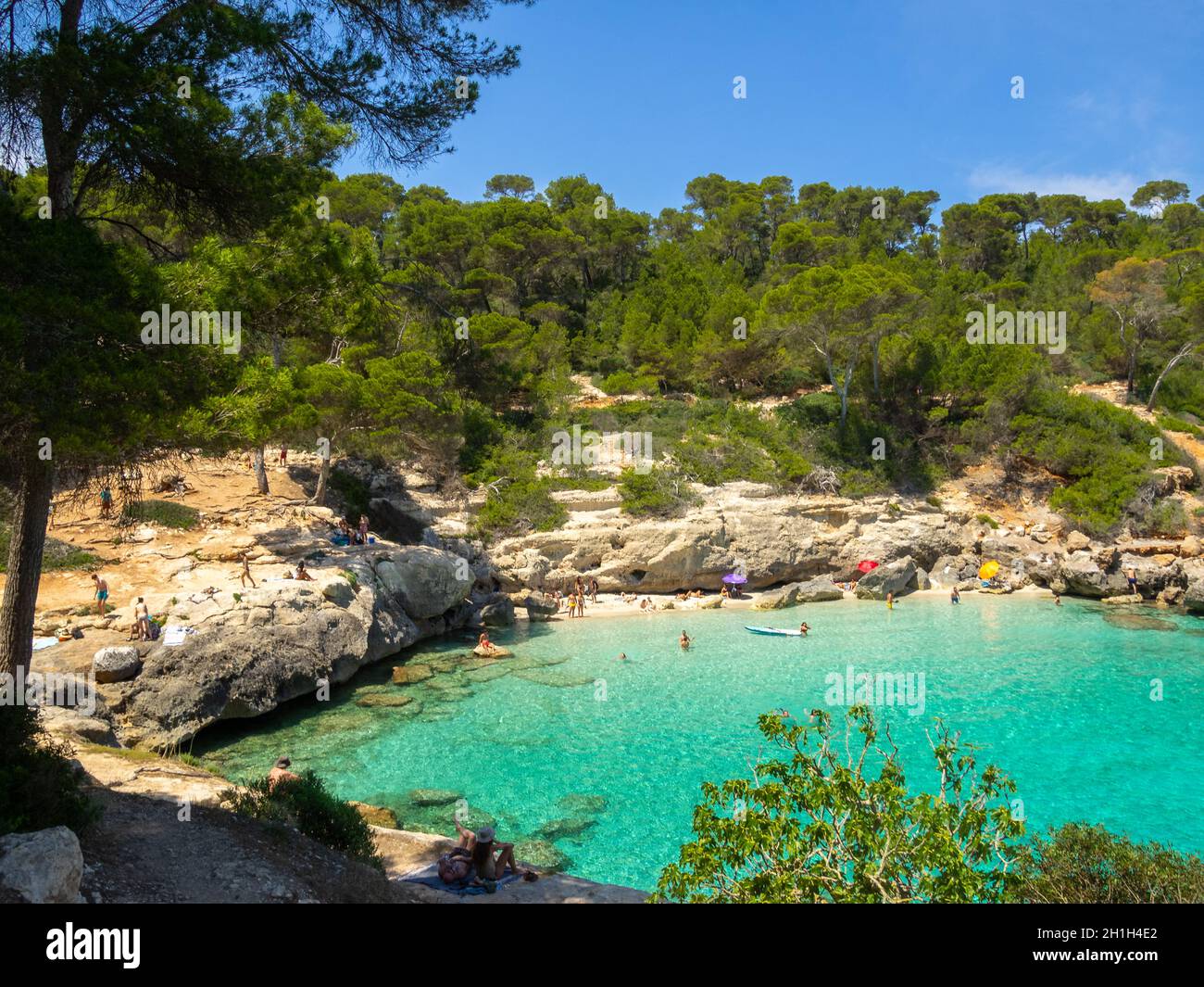 Cala Mitjana between the pine trees, Menorca Stock Photo