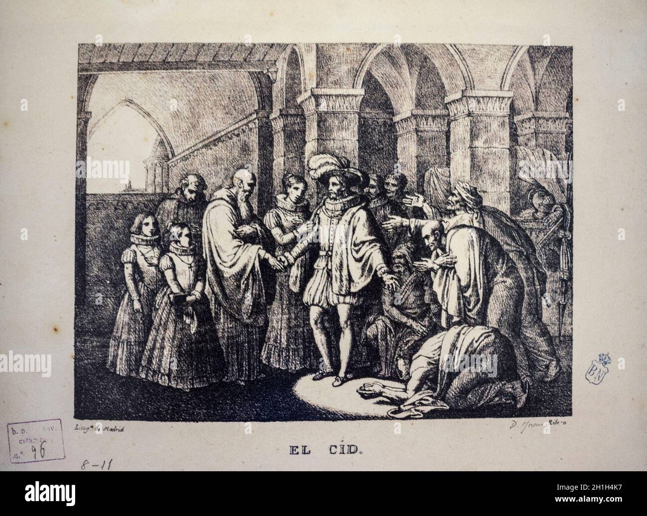 El Cid saying goodbye to Jimena and their two daughters. Lithography by Juan Antonio de Ribera. National Library, Madrid Stock Photo