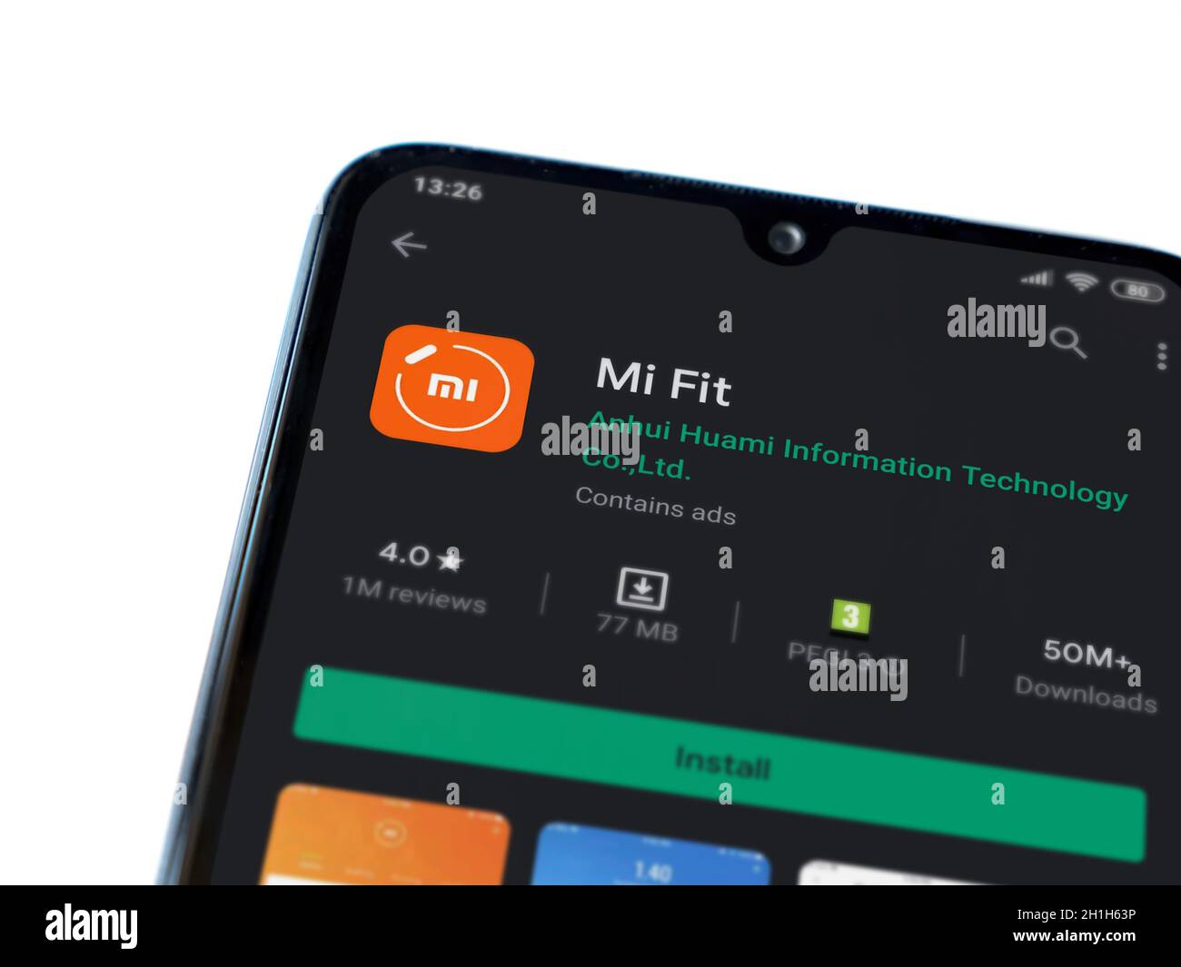 Lod, Israel July 8, 2020 Mi Fit app play store page on the display