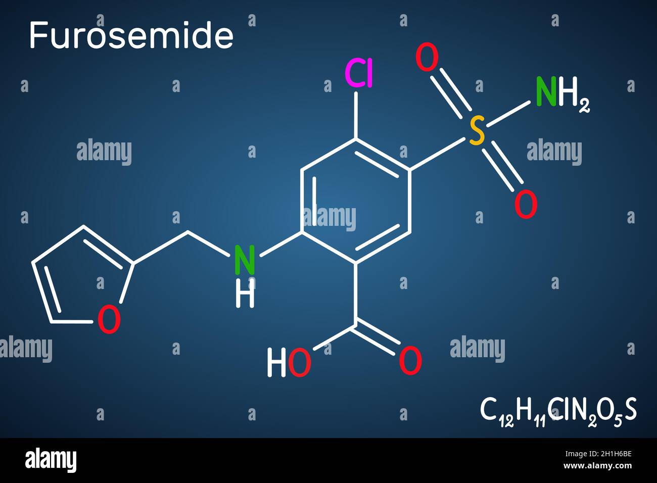 Furosemide, Frusemide molecule. Diuretic drug, is used to treat hypertension and edema. Structural chemical formula on the dark blue background. Vecto Stock Vector