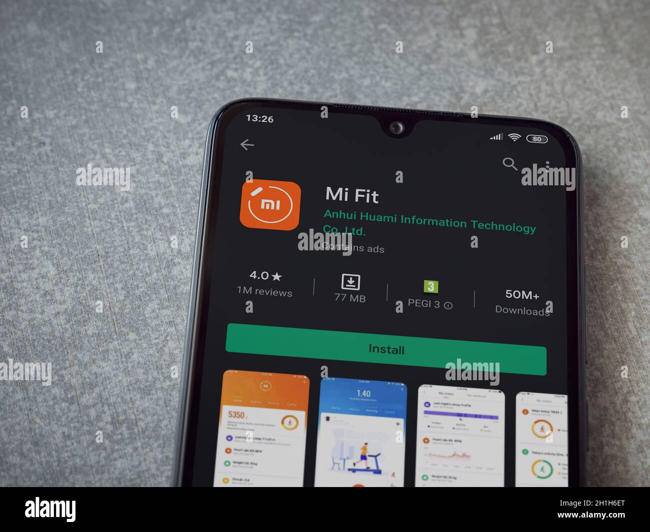 Lod, Israel - July 8, 2020: Mi Fit app play store page on the display of a  black mobile smartphone on ceramic stone background. Top view flat lay with  Stock Photo - Alamy