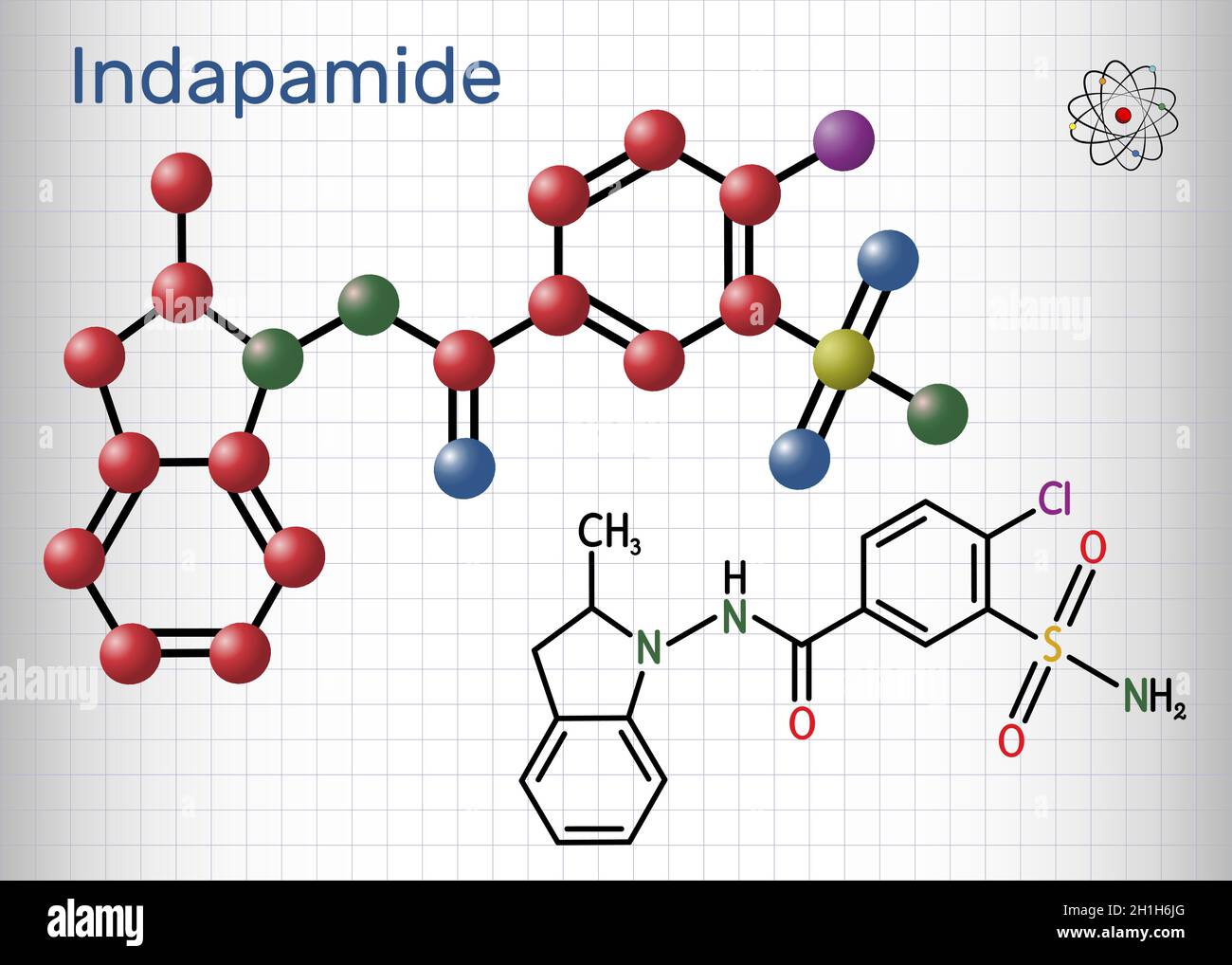 Indapamide molecule. It is thiazide-like diuretic, hypertension drug. Structural chemical formula and molecule model. Sheet of paper in a cage. Vector Stock Vector