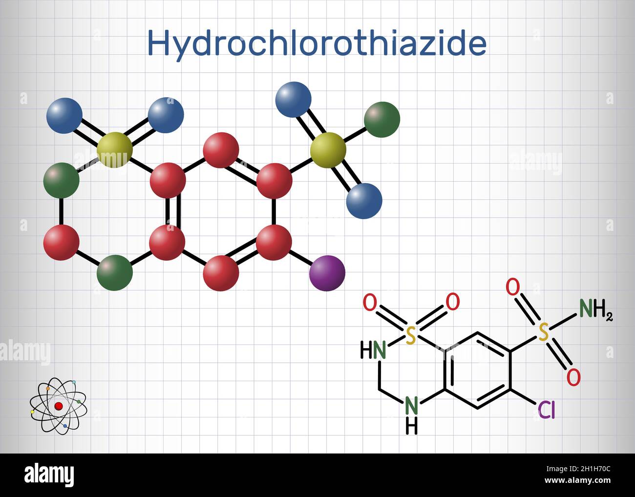 Hydrochlorothiazide, HCTZ, HCT molecule. It is thiazide diuretic, used to treat edema and hypertension. Structural chemical formula and molecule model Stock Vector