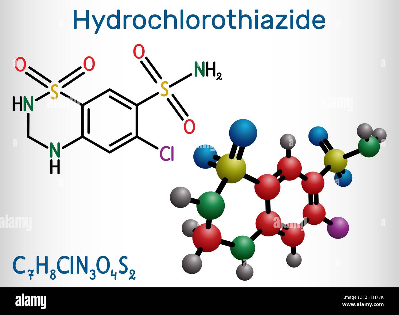 Гидрохлоротиазид., лекарство, диуретик Hydrochlorothiazide, HCTZ, HCT molecule. It is thiazide diuretic, used to treat edema and hypertension. Structu Stock Vector