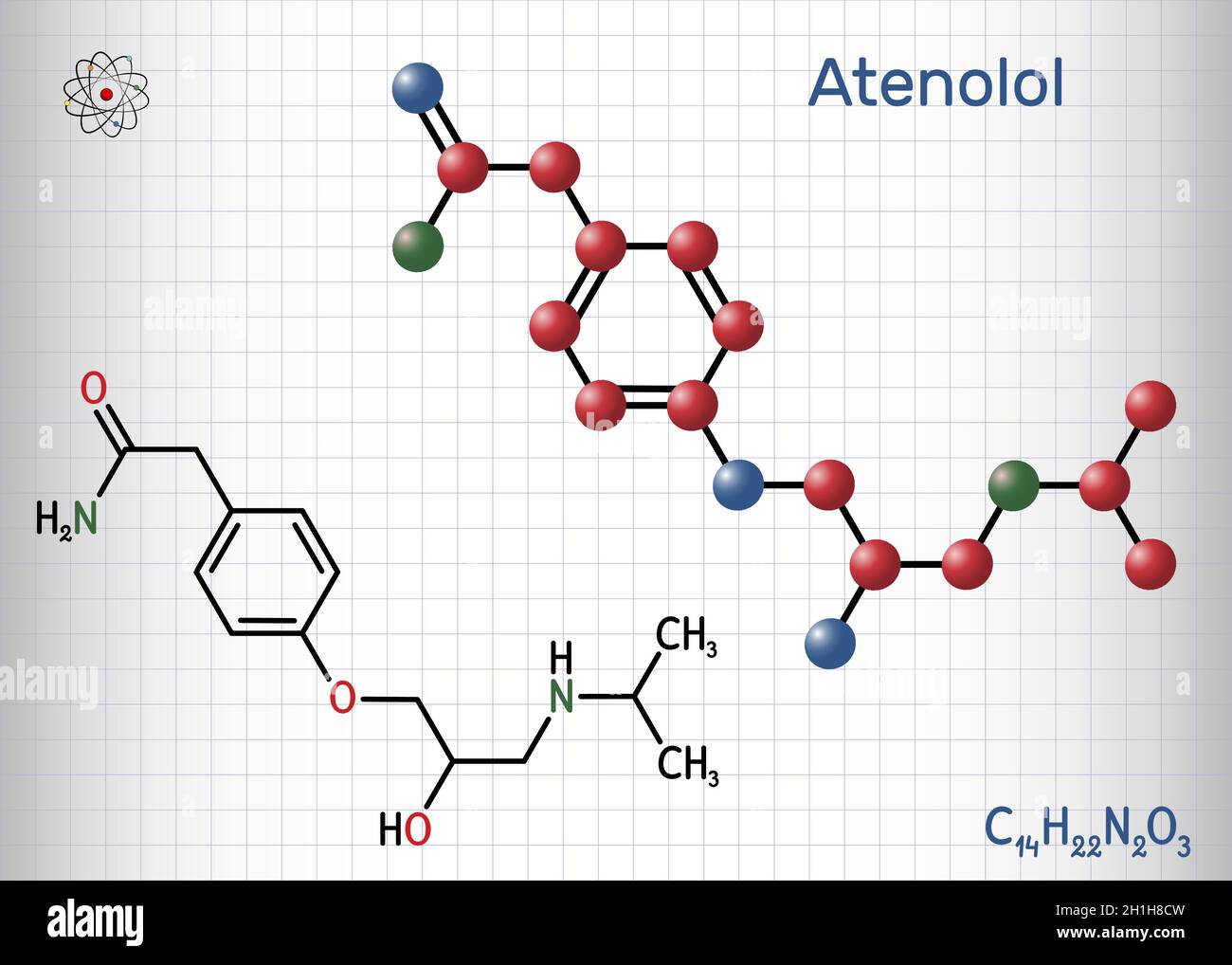 Atenolol cardioselective beta-blocker molecule. It is antihypertensive, hypotensive and antiarrhythmic drug. Structural chemical formula and molecule Stock Vector