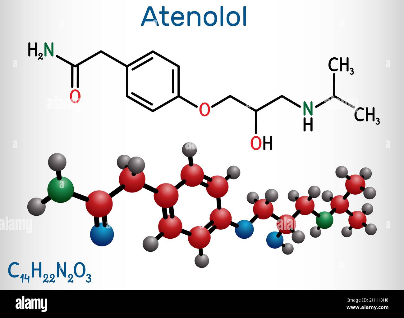 Atenolol cardioselective beta-blocker molecule. It is antihypertensive, hypotensive and antiarrhythmic drug. Structural chemical formula and molecule Stock Vector