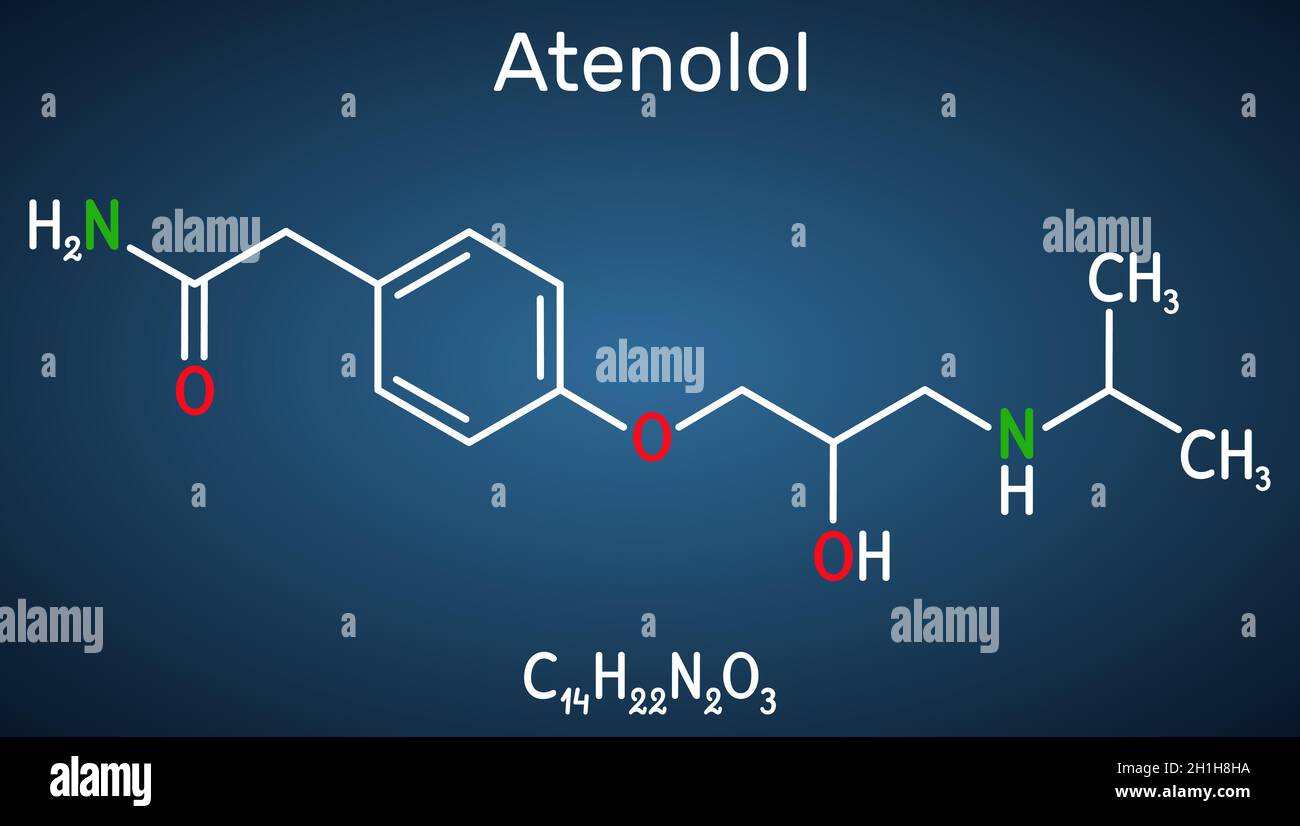 Atenolol cardioselective beta-blocker molecule. It is antihypertensive, hypotensive and antiarrhythmic drug. Structural chemical formula on the dark b Stock Vector