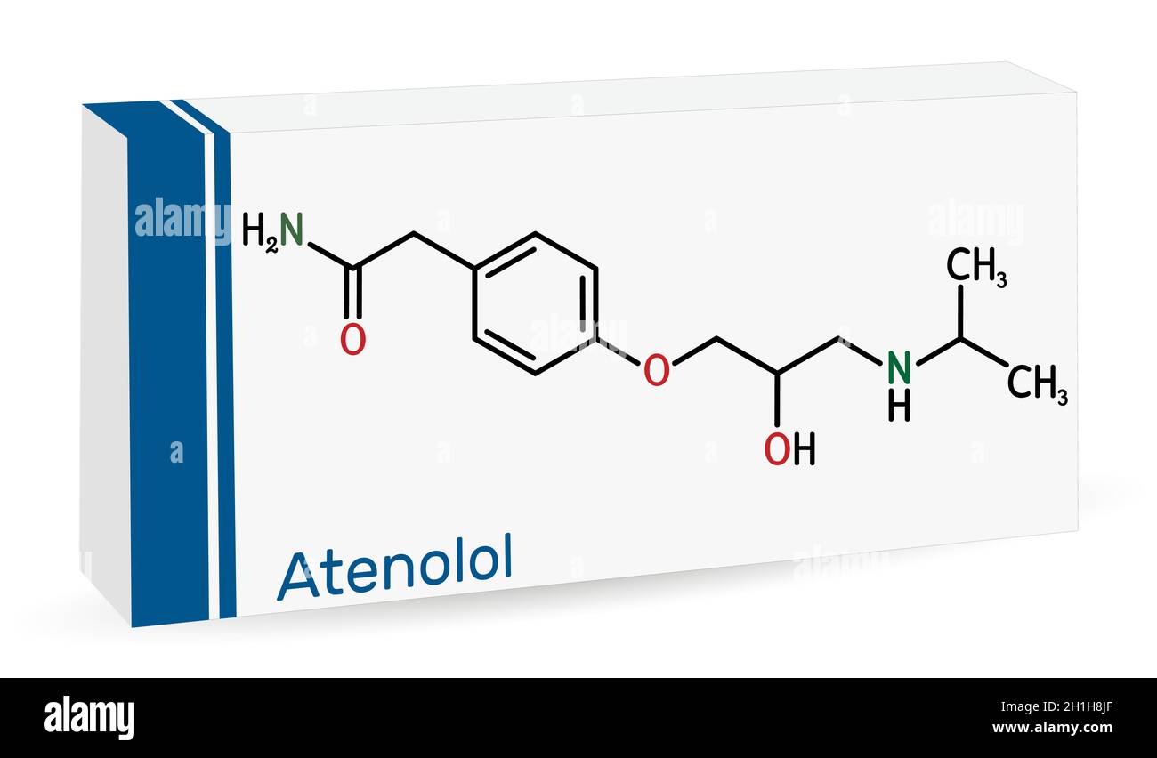 Atenolol cardioselective beta-blocker molecule. It is antihypertensive, hypotensive and antiarrhythmic drug. Skeletal chemical formula. Paper packagin Stock Vector