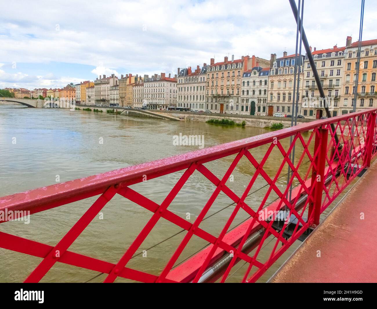 Bridge across river Rhone on winter sunny day, Lyon, France Stock Photo