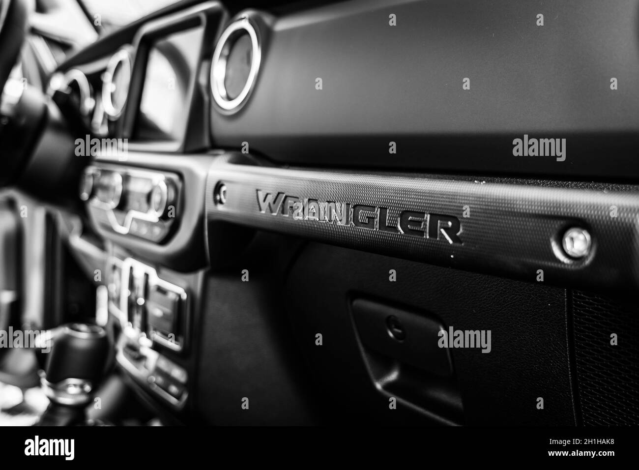 DIEDERSDORF, GERMANY - AUGUST 30, 2020: The interior of mid-size SUV Jeep  Wrangler Unlimited Rubicon, 2020. Black and white. The exhibition of 