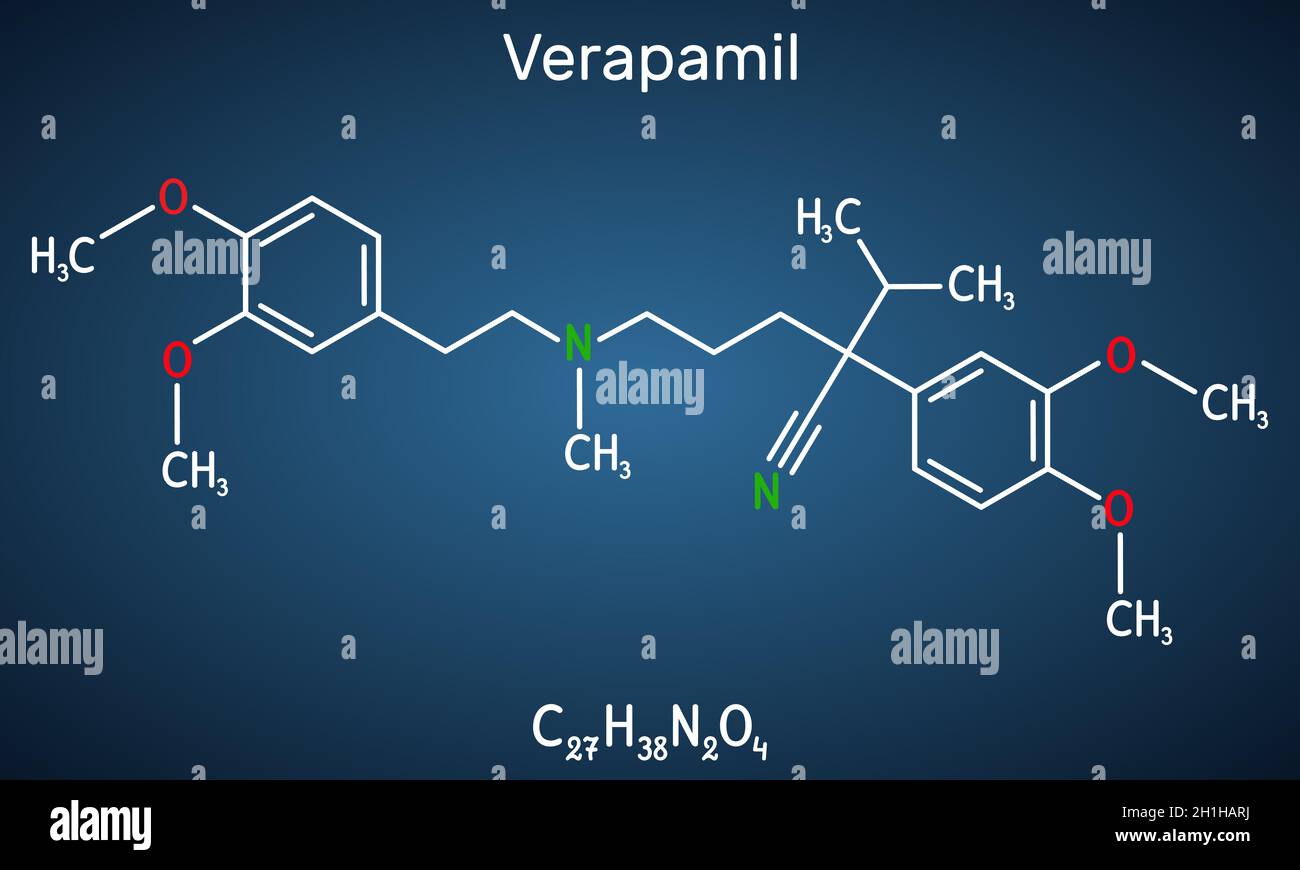 Verapamil molecule. It is calcium channel blocker used in treatment of high blood pressure, heart arrhythmias, angina. Structural chemical formula on Stock Vector