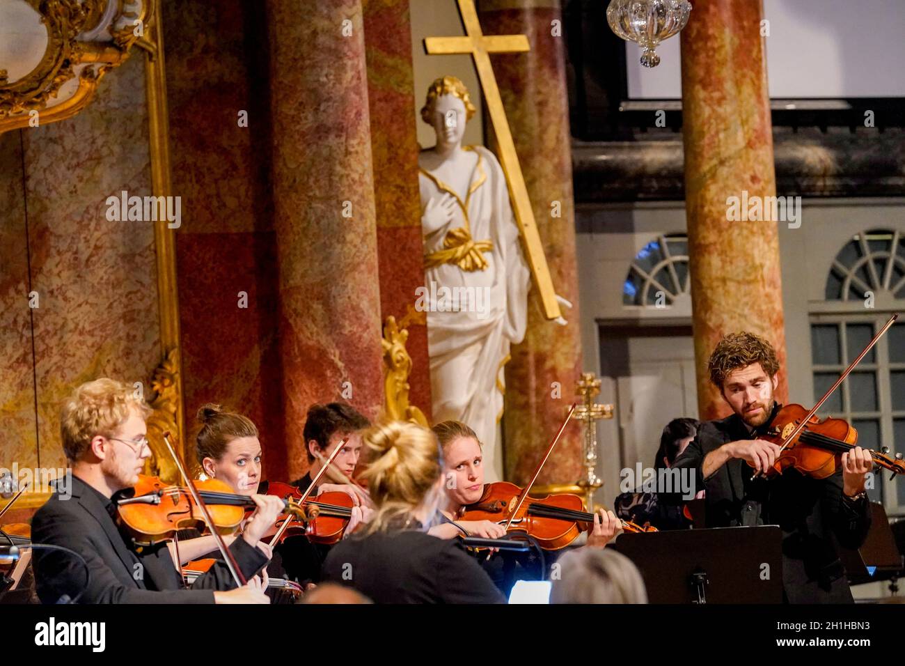 Kongsberg 20211017.Ensemble Allegria is among the participants during Sunday's memorial concert in Kongsberg church, after the murders of five people in the city on Wednesday. Photo: Terje Bendiksby / NTB / POOL Stock Photo