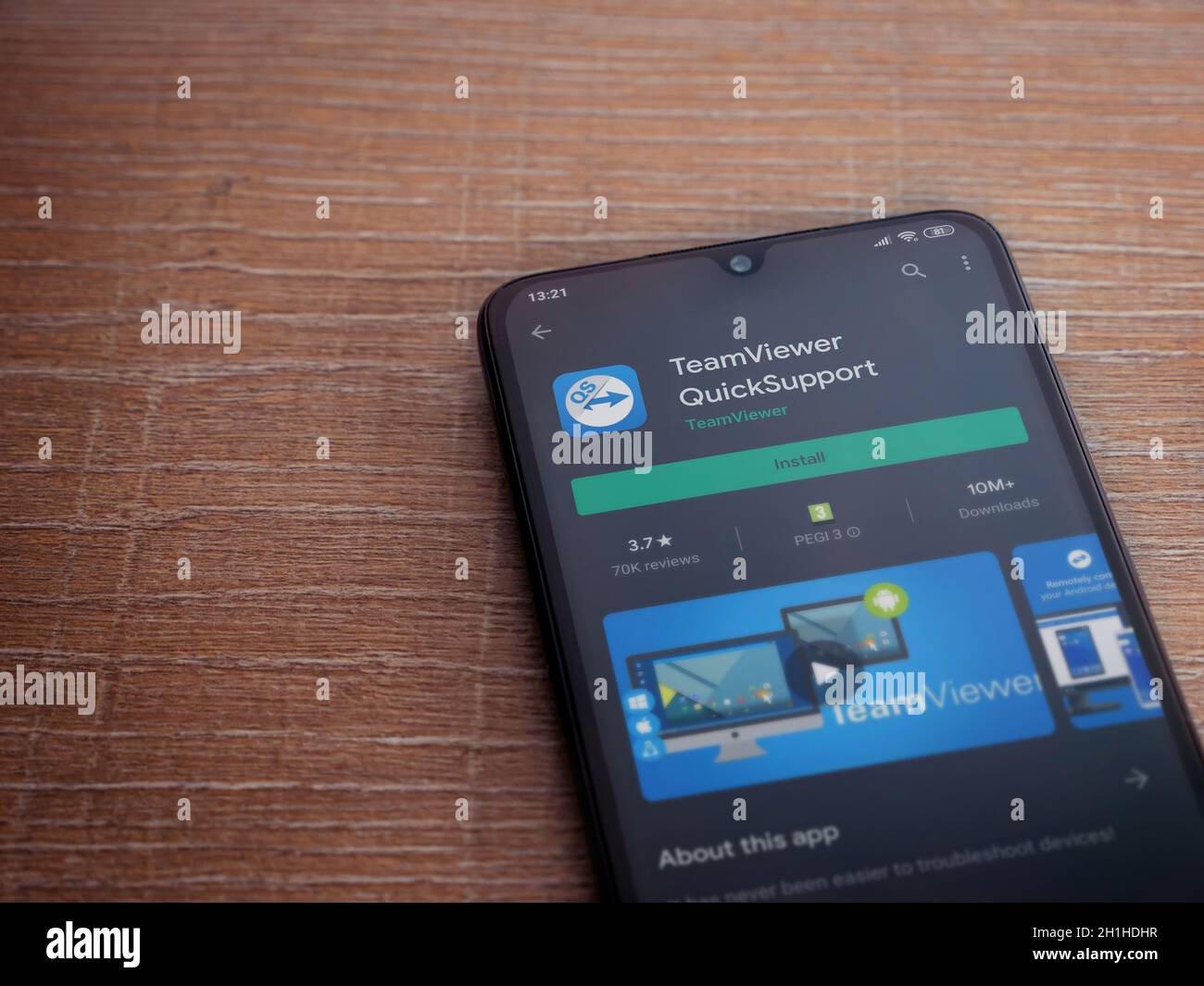 Lod, Israel July 8, 2020 TeamViewer QuickSupport app play store page