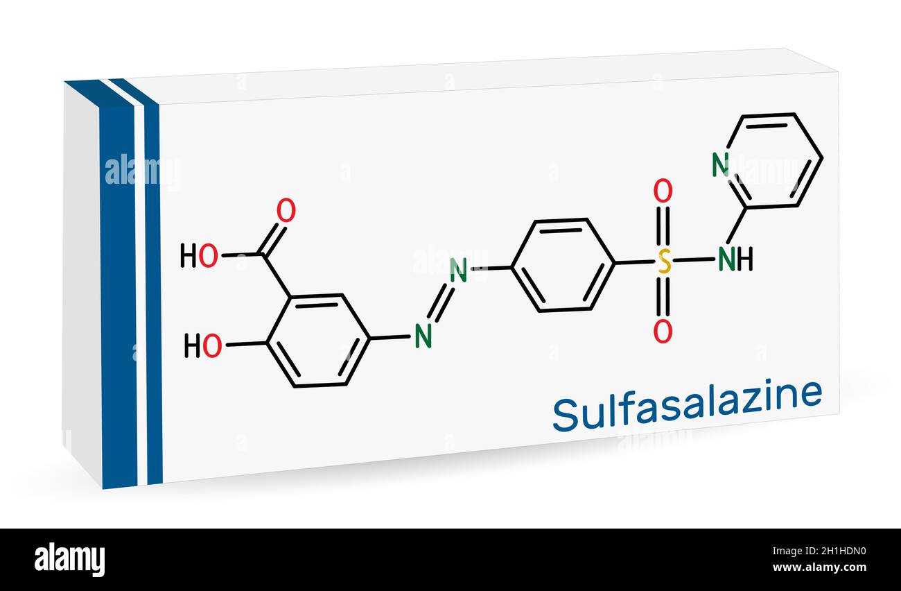 Sulfasalazine molecule. It is azobenzene, used in the management of inflammatory bowel diseases. Skeletal chemical formula. Paper packaging for drugs. Stock Vector