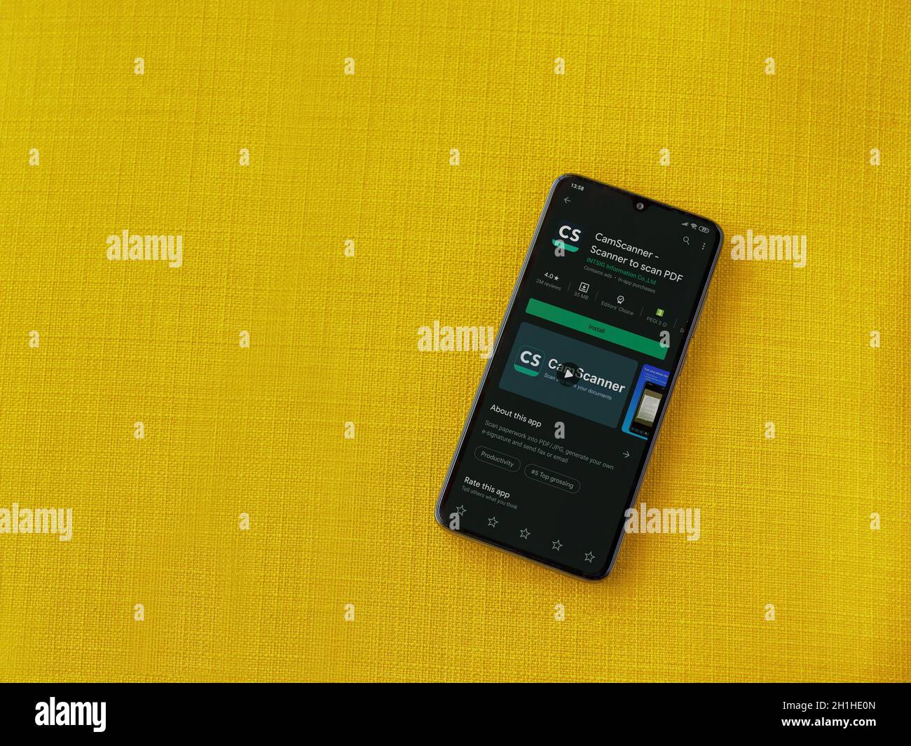 Lod, Israel - July 8, 2020: CamScanner app play store page on the display  of a black mobile smartphone on a yellow fabric background. Top view flat  la Stock Photo - Alamy