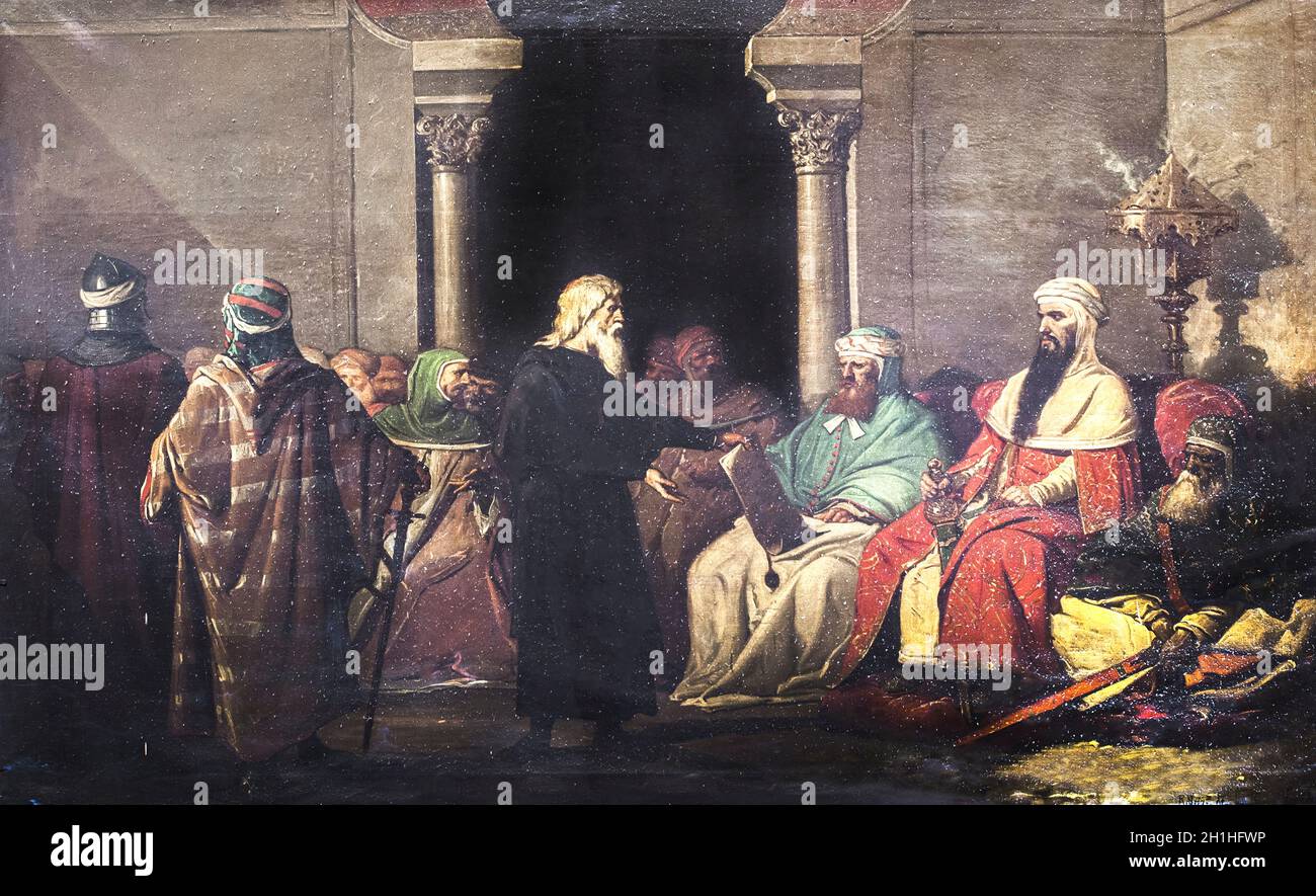 Saint John of Gorze, ambassador Otto I Emperor of Germany with Great Caliph Abd al-Rahman III. Painted by Jose Maria Rodriguez Losada, 19th Century. R Stock Photo