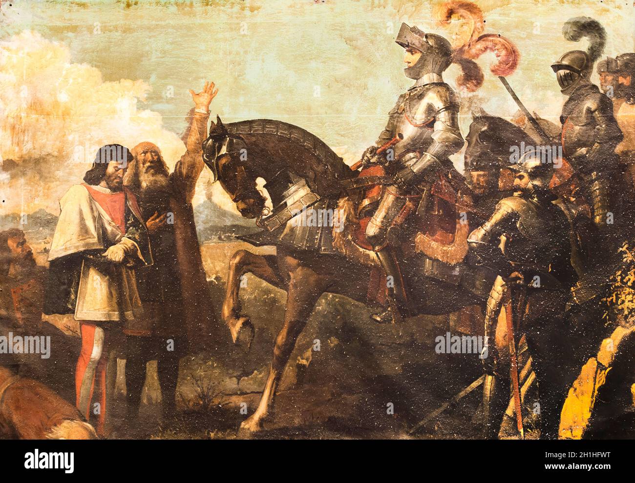 Gonzalo Fernandez de Cordoba, prays before the corpse of his adversary the Duke of Nemours, after Battle of Cerignola, 1503. Painted by Jose Maria Rod Stock Photo