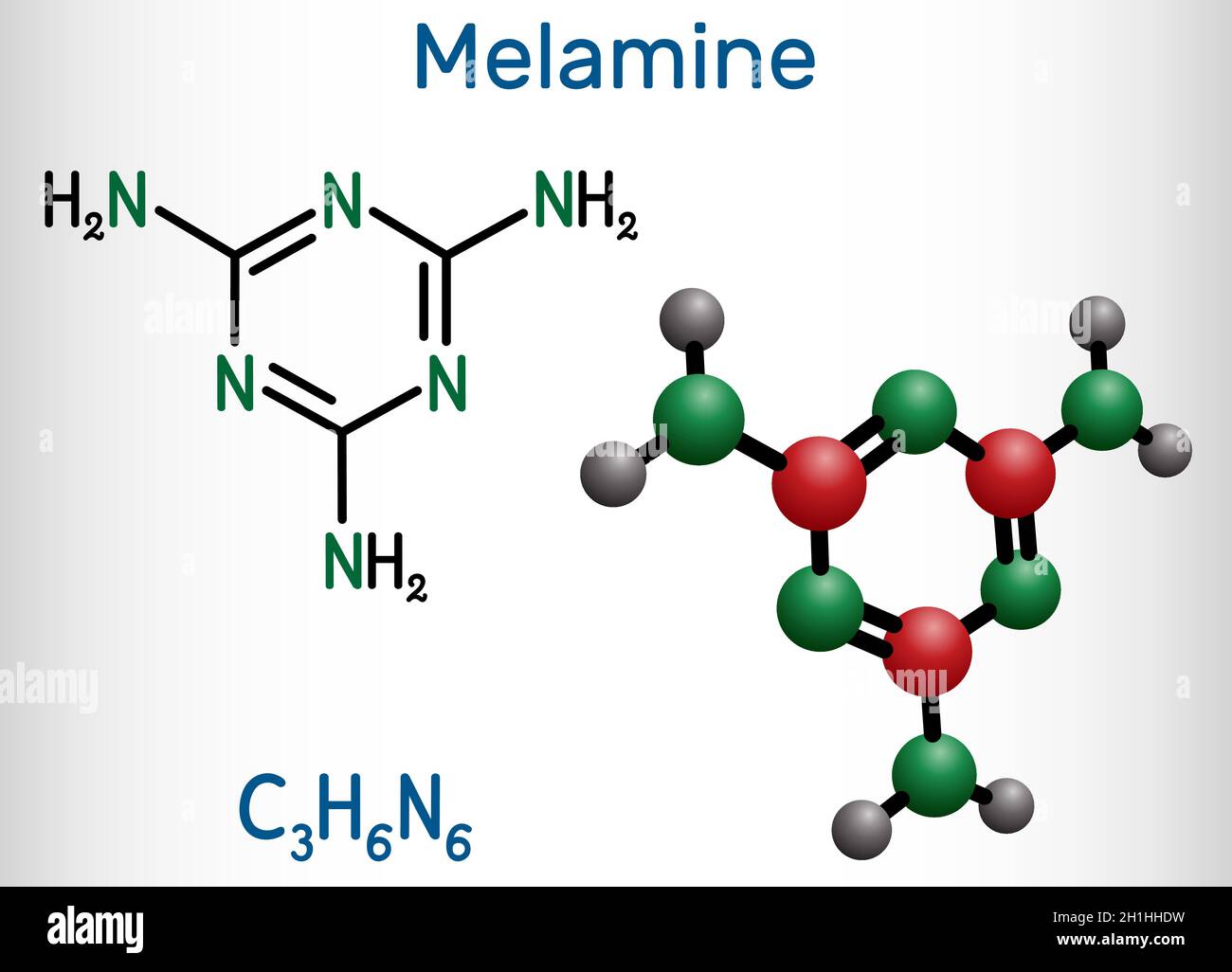 Melamine C3H6N6 molecule. It is used to produce melamine resins. Structural chemical formula and