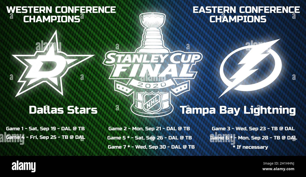 Graphics Glowing logos of NHL Stanley Cup, Dallas Stars and Tampa Bay