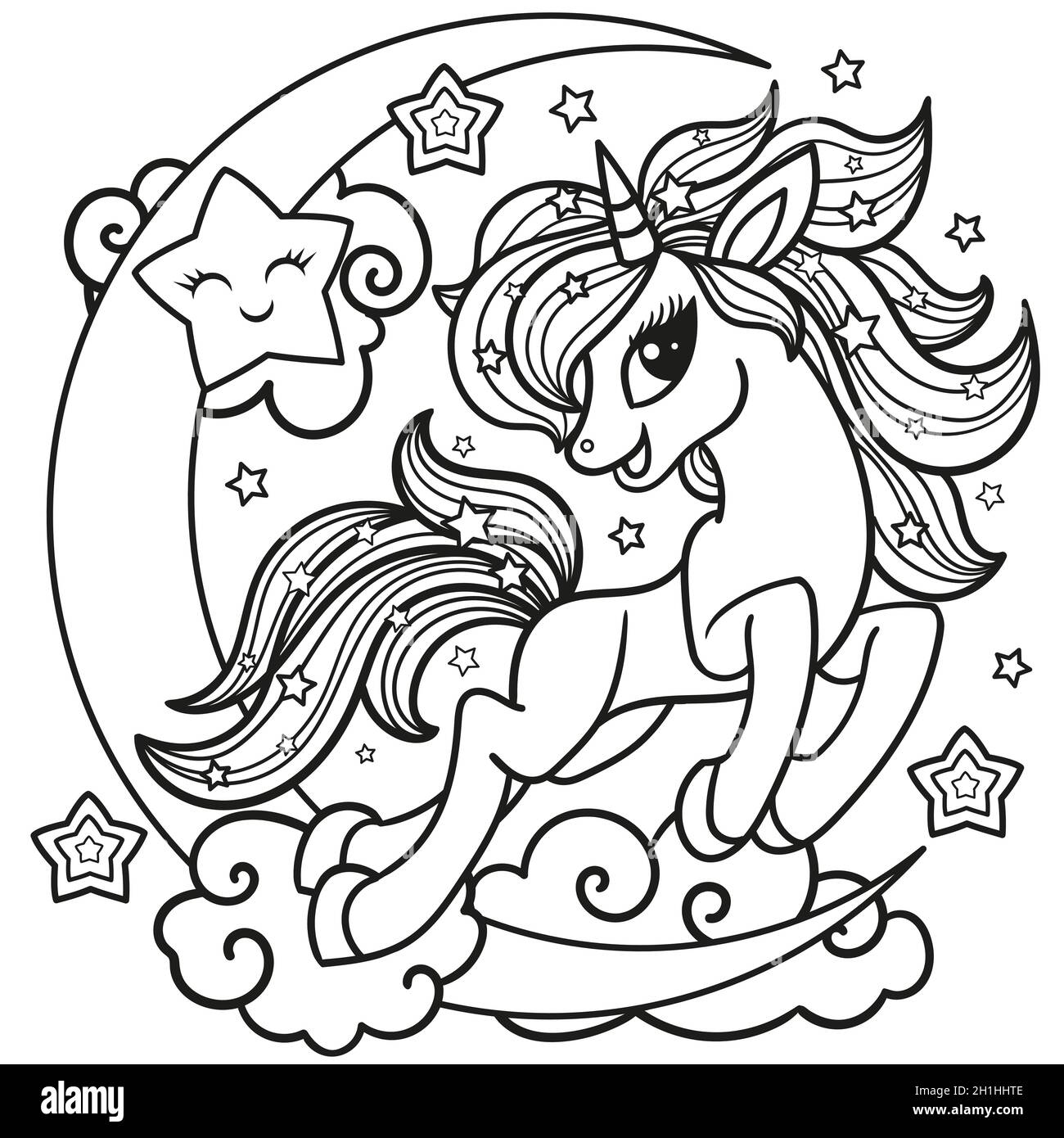Cartoon, cute unicorn. Black and white linear image. Vector Stock ...