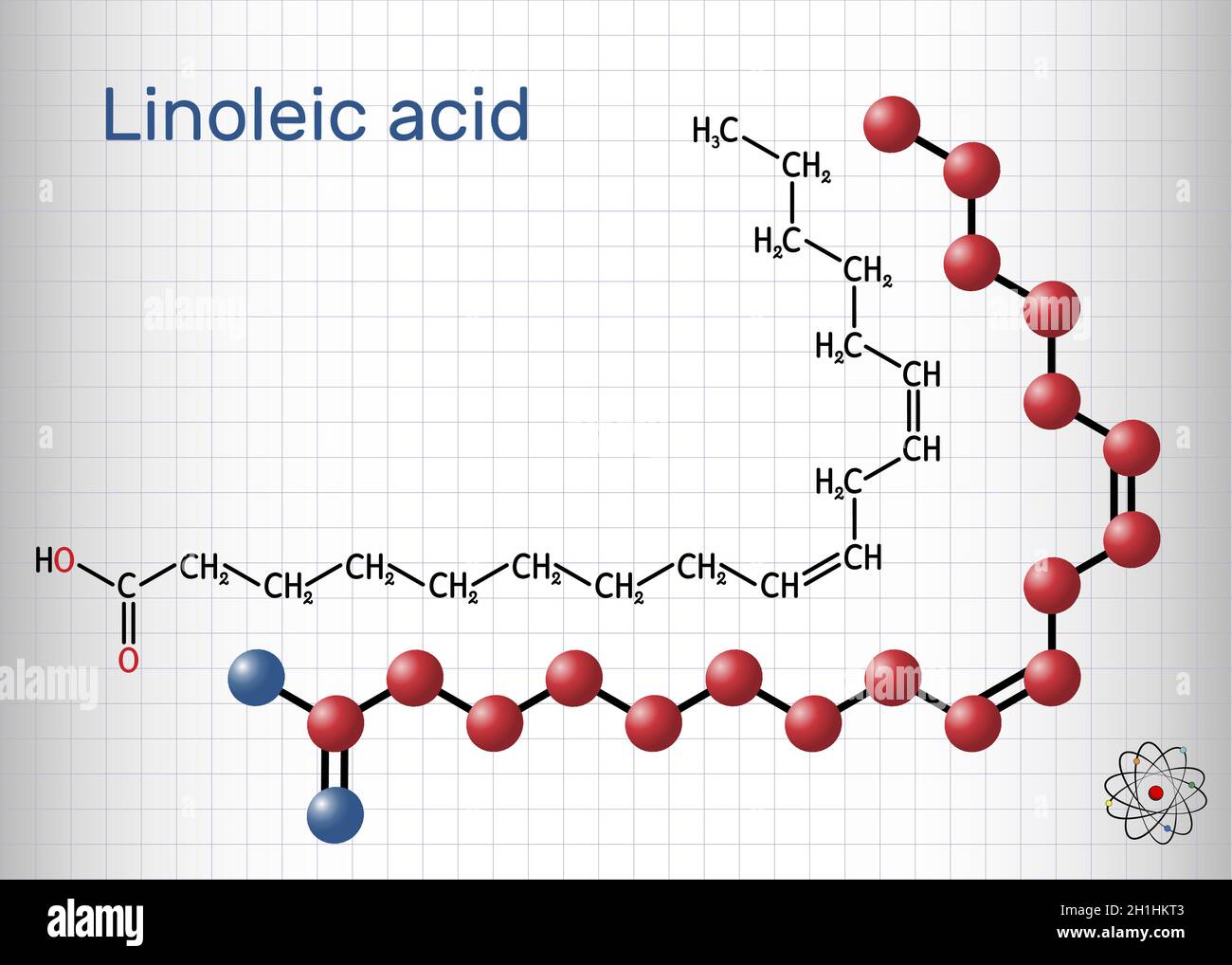Linoleic acid, LA molecule. Omega6, polyunsaturated fatty acid