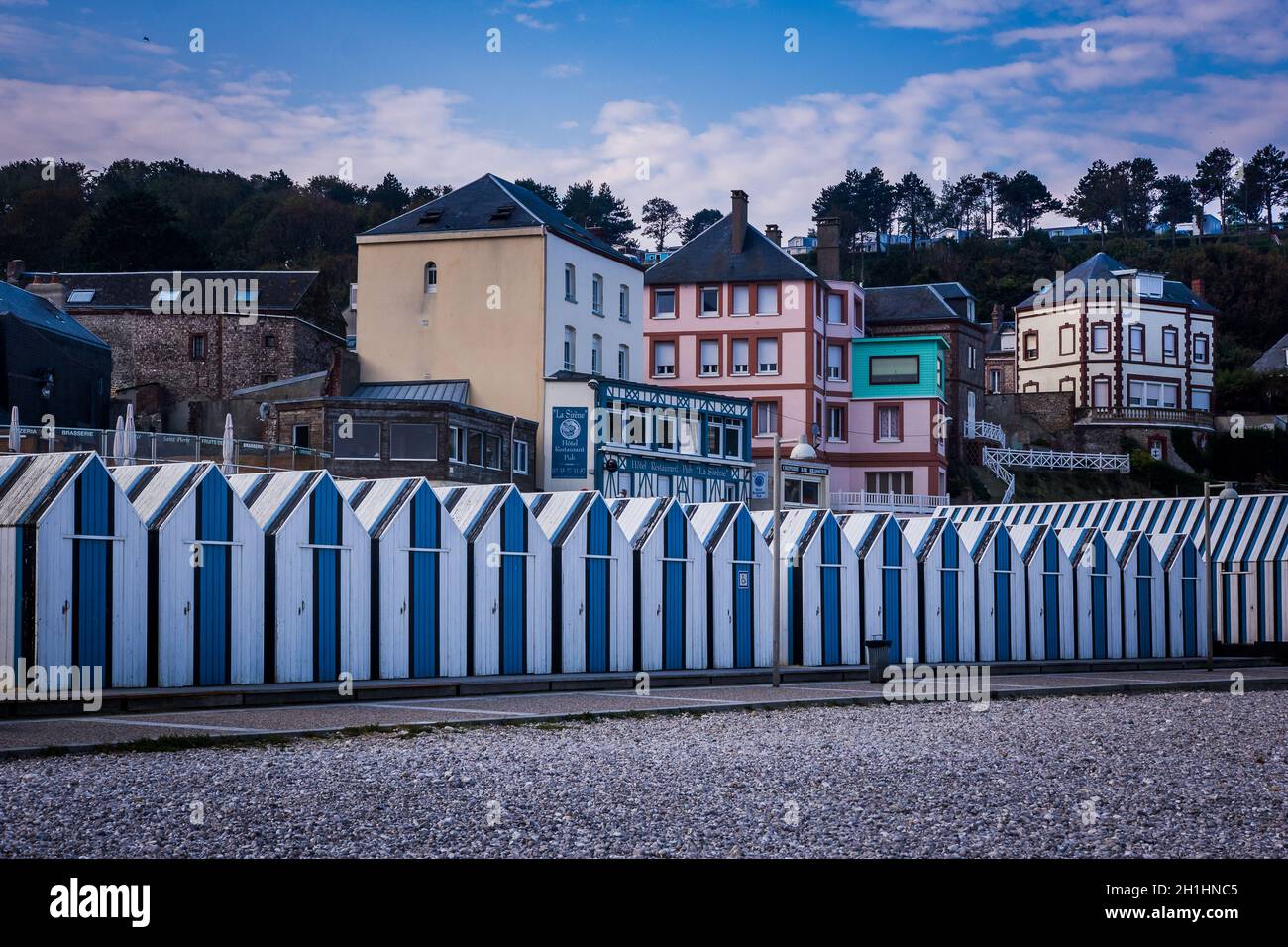 Wooden huts on Yport beach in Normandy, France. Large view Stock Photo