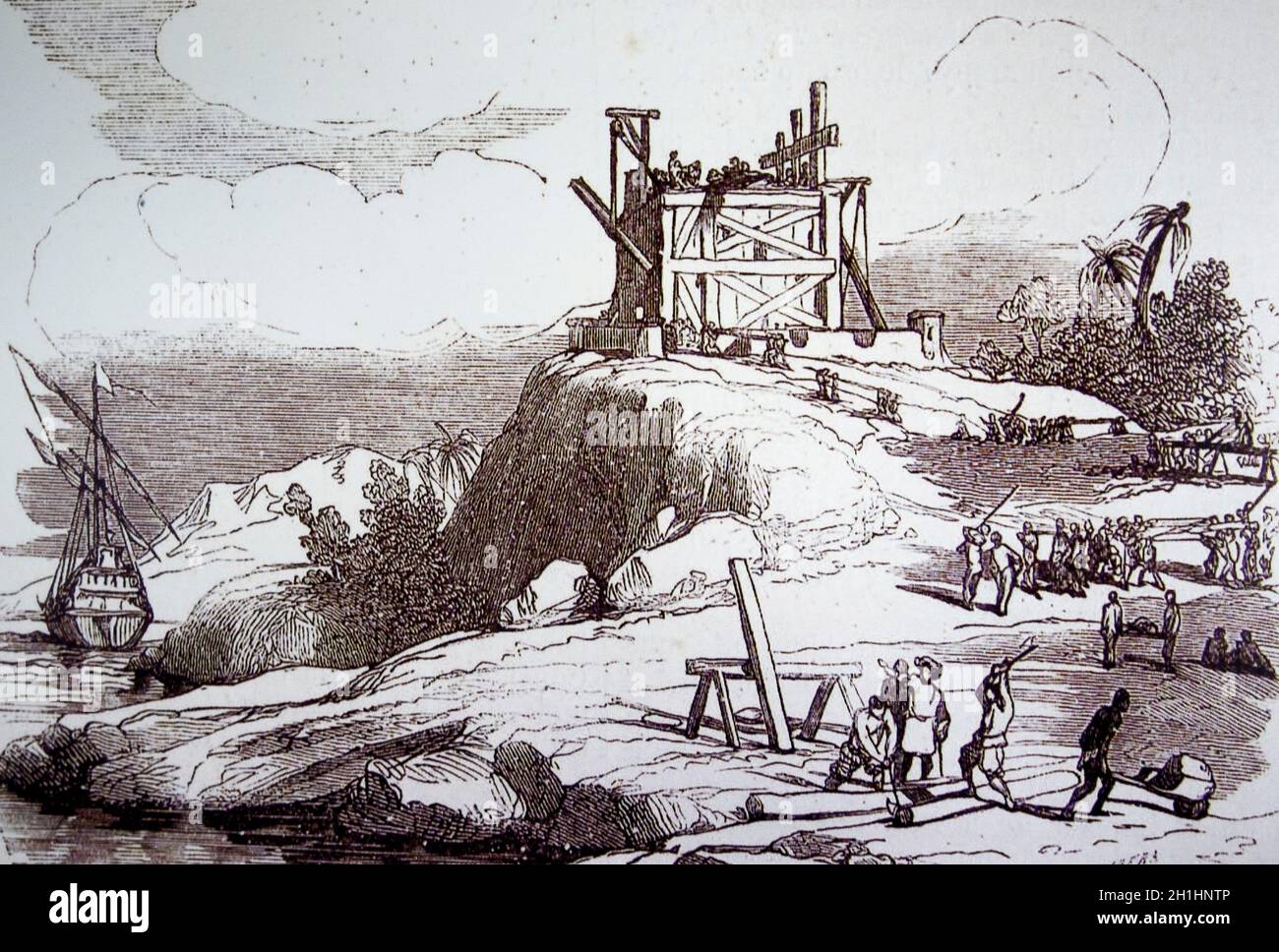 La Navidad fort. The first European colony established in the New World during the Age of Discovery. 19th Century engraving Stock Photo