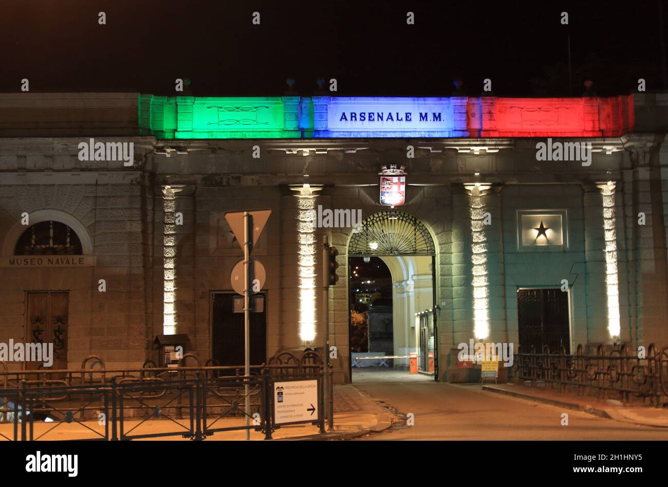 LaSpezia, Italy - summer 2020: LaSpezia naval museum facade with night lighting. High quality photo Stock Photo