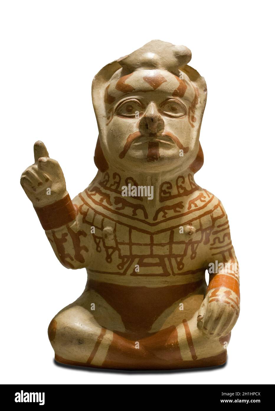 Madrid, Spain - Jul 11th, 2020: Moche culture vessel depicting chief in command attitude. Museum of the Americas, Madrid, Spain Stock Photo