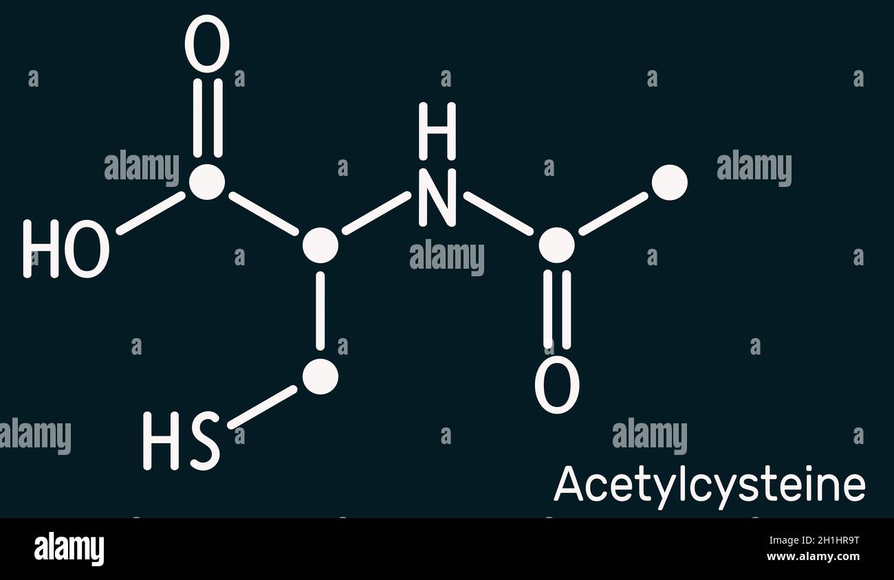 Acetylcysteine, N-acetylcysteine, NAC drug molecule. It is an antioxidant and glutathione inducer. Skeletal chemical formula on the dark blue backgrou Stock Photo