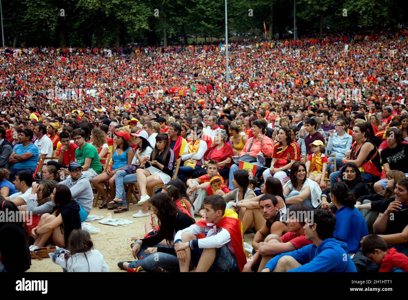 VIGO, SPAIN - JULY 11: Spanish fans during the FIFA Soccer World Cup final game, July 11, 2010 in Vigo, Spain Stock Photo