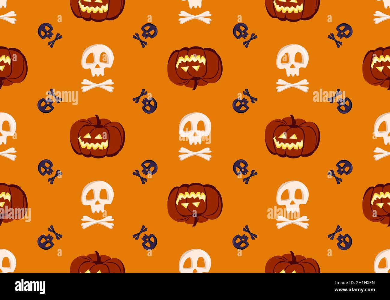 Bright seamless pattern with pumpkins, skulls and crossbones on orange ...