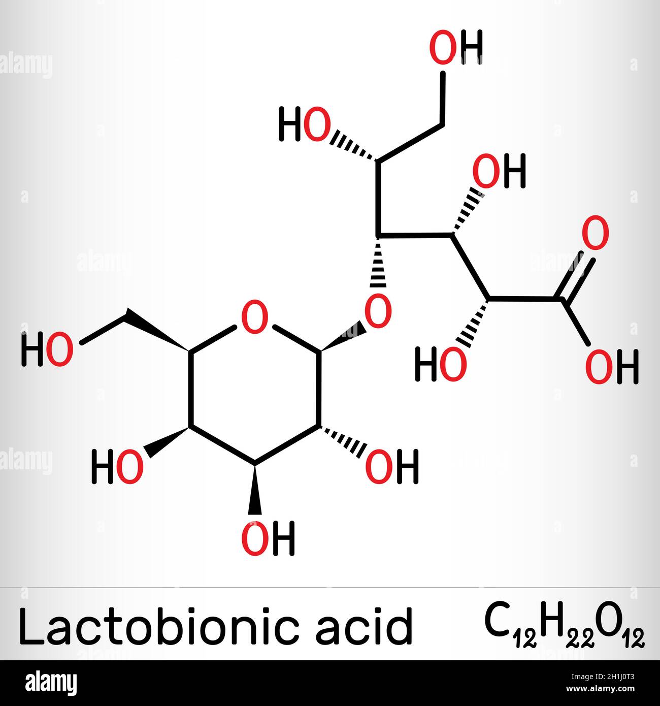 Lactobionic acid, lactobionate  molecule. It is PHA, polyhydroxy acid, disaccharide, sugar acid, food additive E399. Skeletal chemical formula. Vector Stock Vector