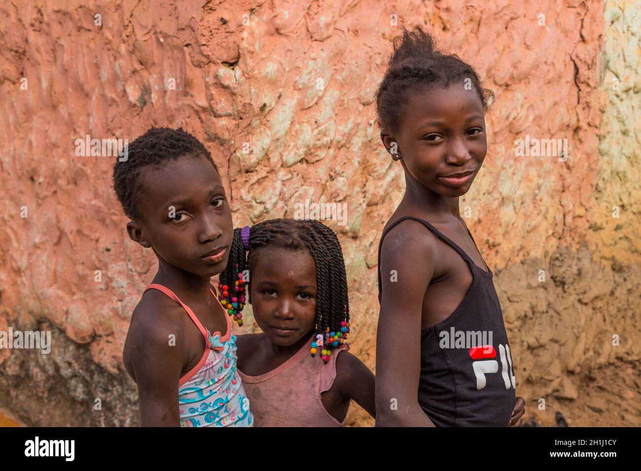 Bissau, Guinea-Bissau - January 5, 2020: group of African Kids looking