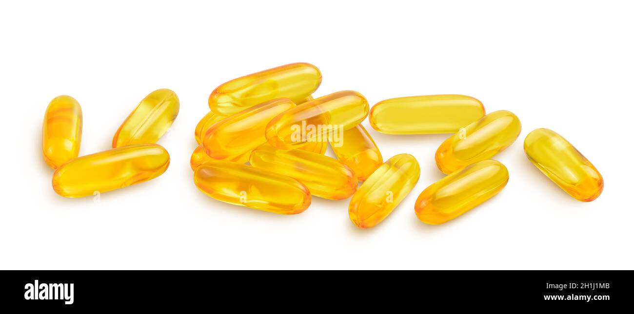 Fish oil capsules isolated on white background with clipping path and